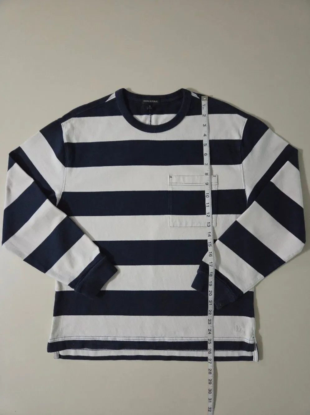Banana Republic Men's Heavy Jersey Navy Preppy Stripe Boxy Pullover Shirt
